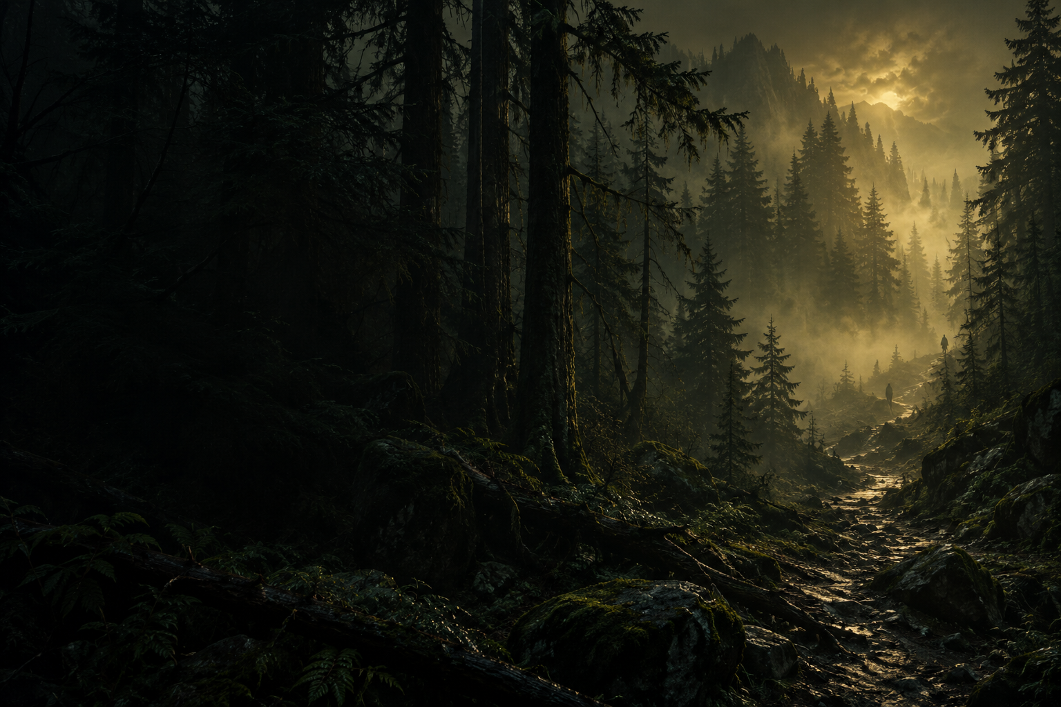 Illustrated forest fading into gold mist